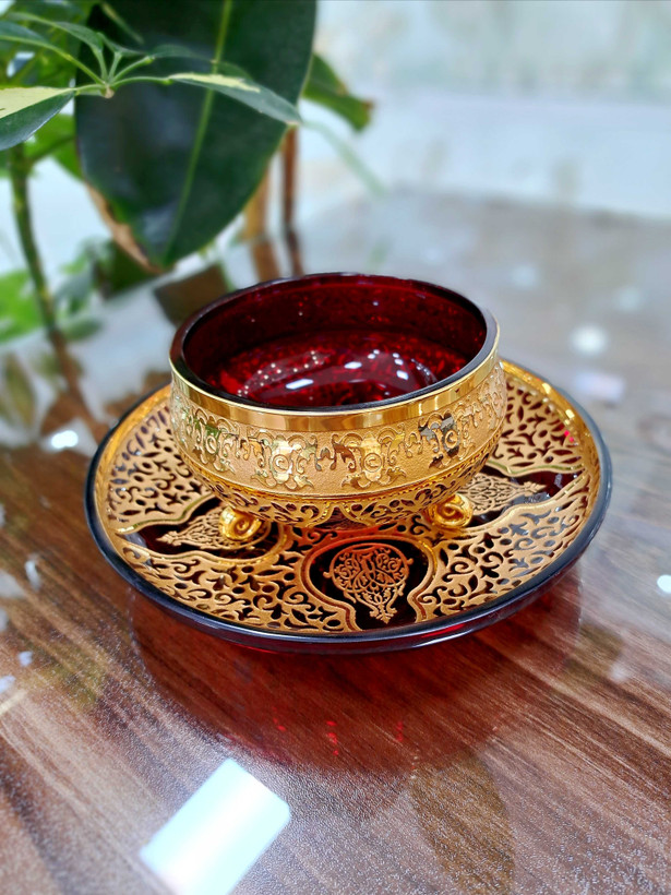 خرید ست پیاله و پیش دستی کریستال طلاکوب