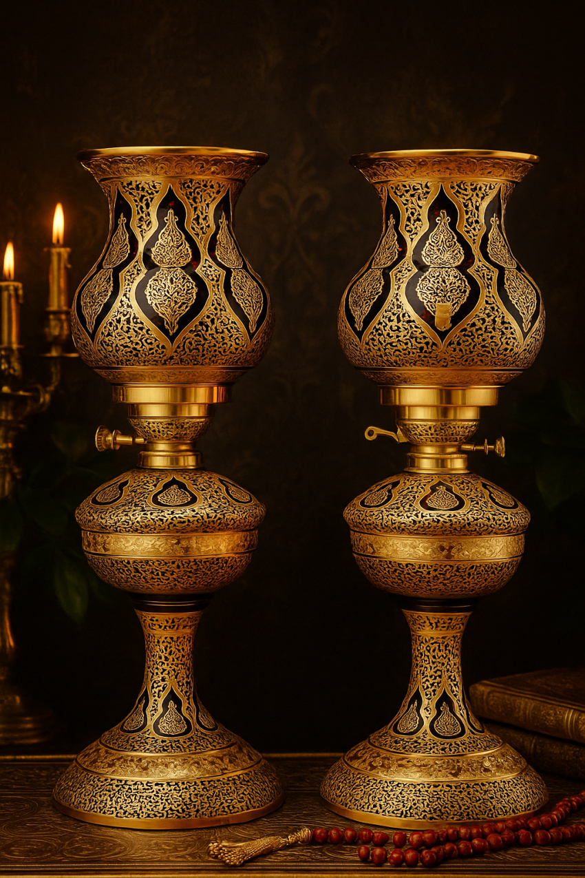 ست چراغ نفتی کریستال طلاکوب