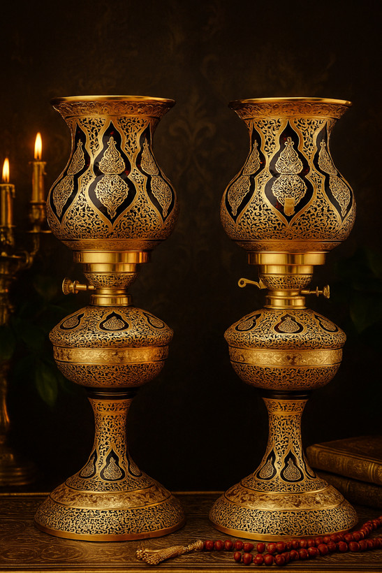 ست چراغ نفتی کریستال طلاکوب