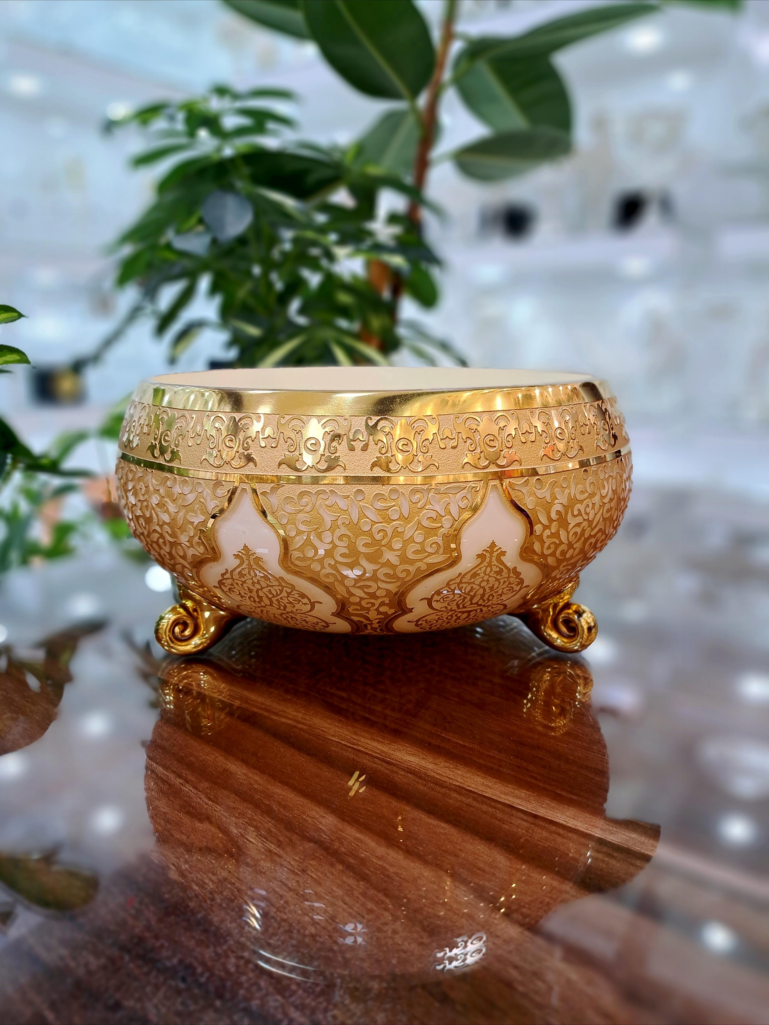 کاسه آجیل سه پایه کریستال طلاکوب