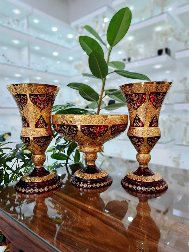 خرید ست سه تیکه گلدان و میوه خوری کریستال طلاکوب