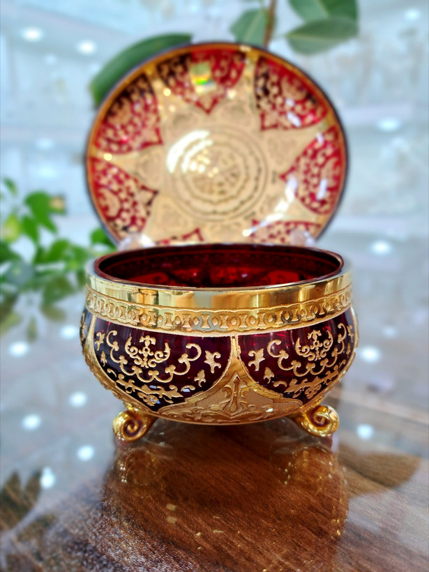 خرید ست پیاله و پیش دستی کریستال طلاکوب قرمز