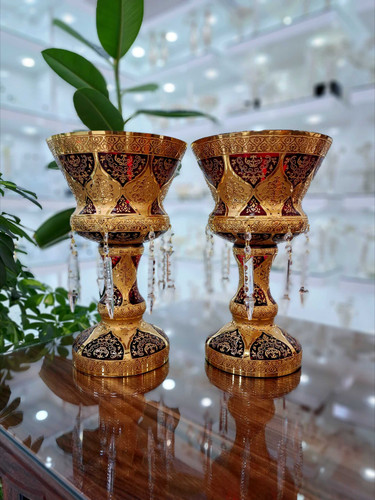 شمعدان آویزدار کریستال اصل طلاکوب قرمز