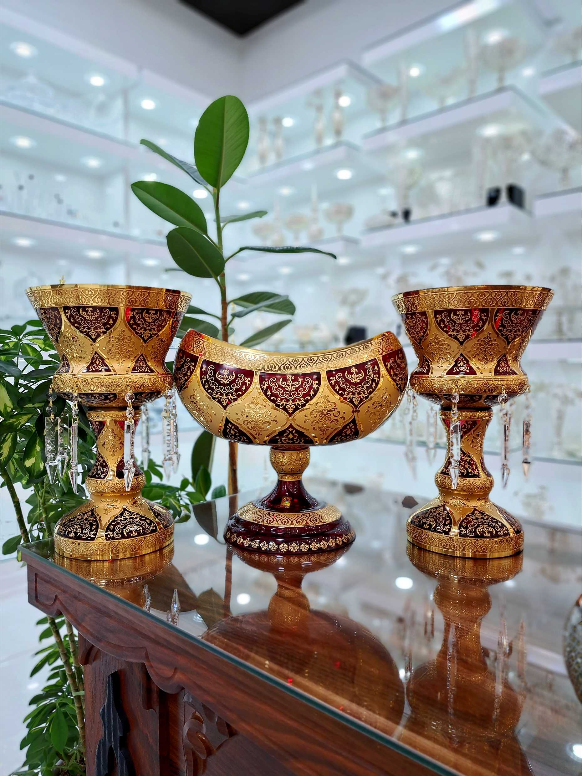 خرید ست سه تیکه شمعدان و کشکول کریستال طلاکوب