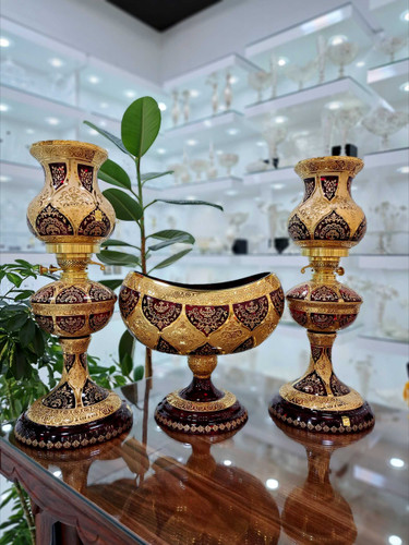 خرید ست سه تیکه چراغ و کشکول کریستال طلاکوب