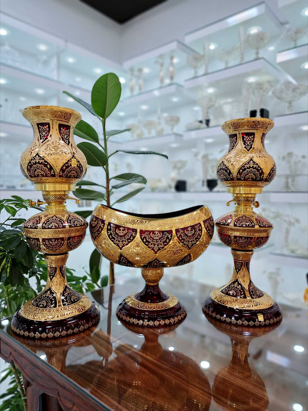 خرید ست سه تیکه چراغ و کشکول کریستال طلاکوب