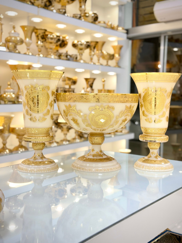 خرید ست سه تیکه گلدان و میوه خوری کریستال طلاکوب