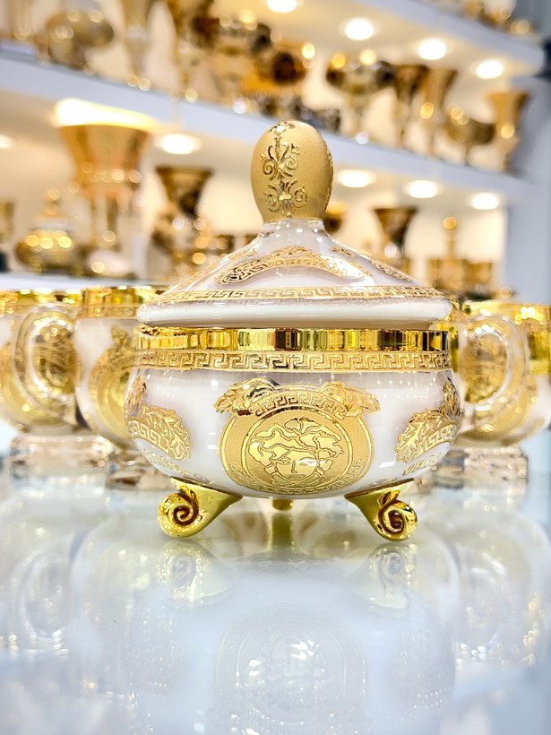 خرید ست فنجان و قندان کریستال دستساز طلاکوب