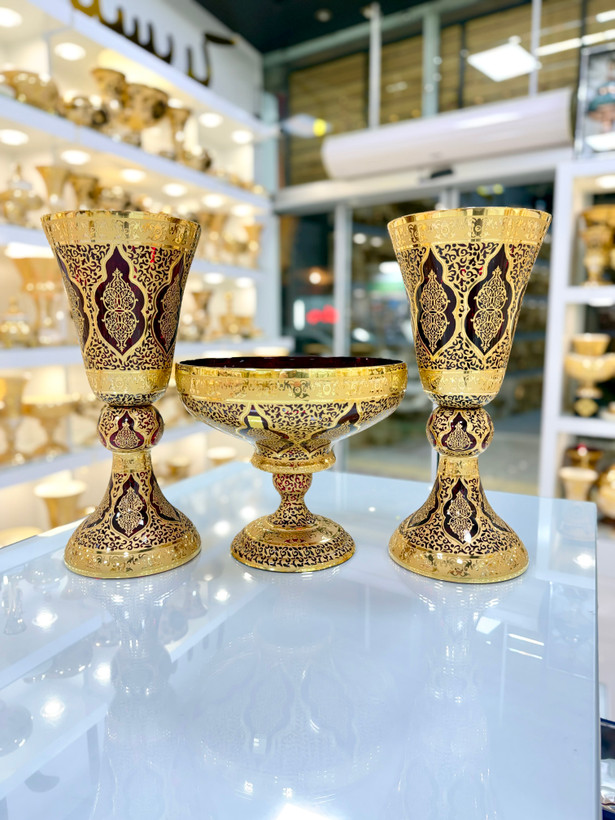 خرید ست سه تیکه گلدان و میوه خوری کریستال طلاکوب