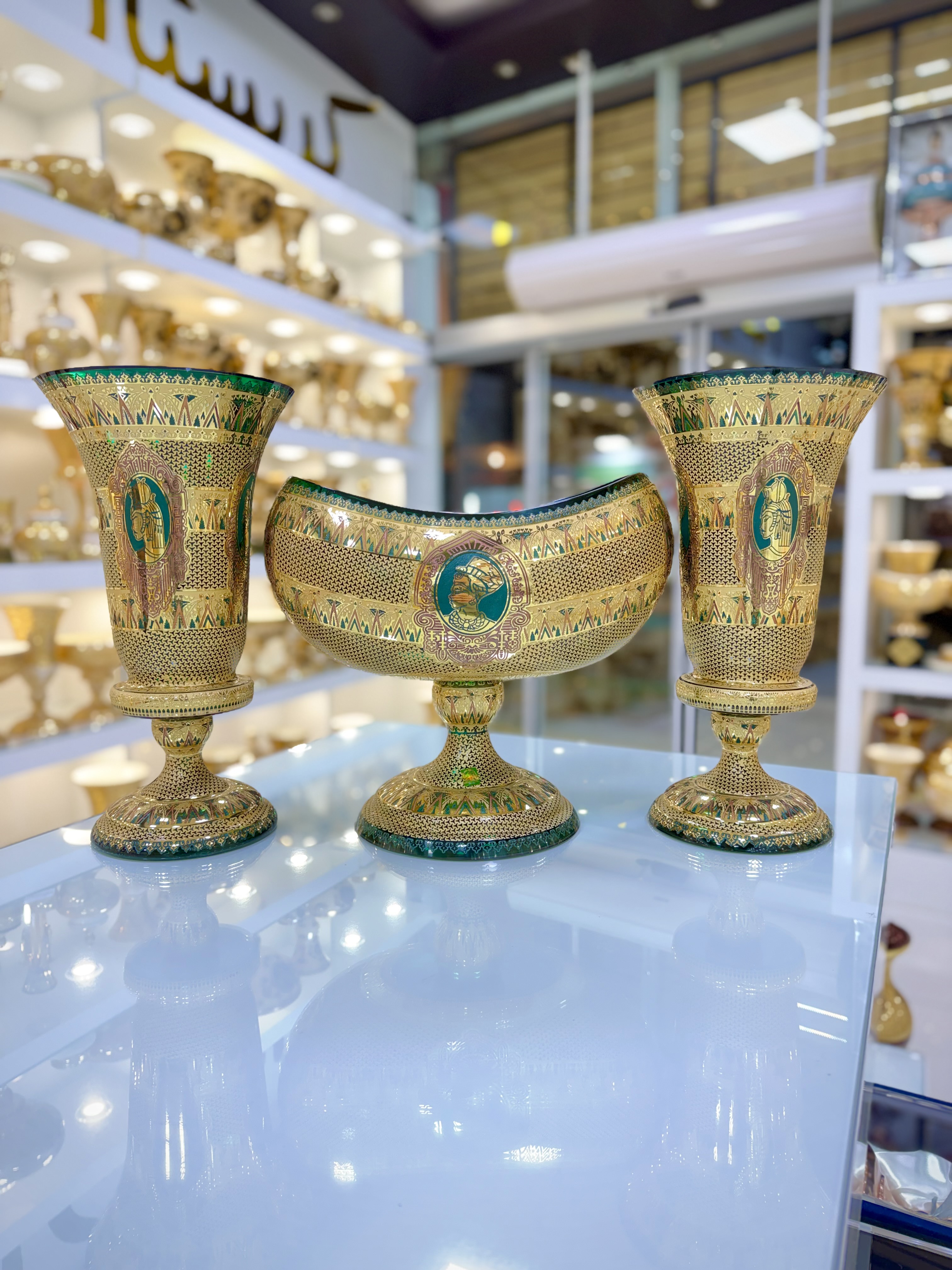 ست سه تیکه گلدان و کشکول کریستال طلاکوب طرح دیانا رنگ سبز سزار سایز بزرگ