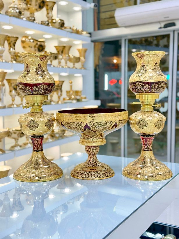 خرید ست سه تیکه چراغ و میوه خوری کریستال طلاکوب