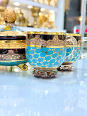 خرید فنجان و قندان کریستال طلاکوب رنگ فیروزه ای