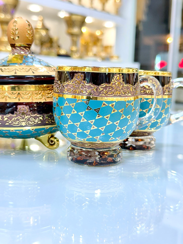 خرید فنجان و قندان کریستال طلاکوب رنگ فیروزه ای