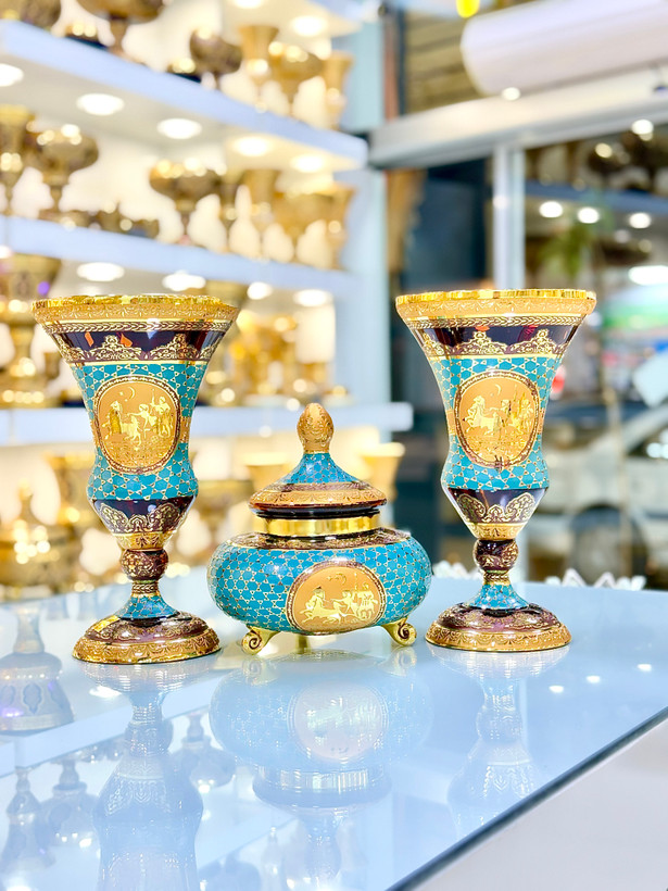 ست سه تیکه گلدان و شکلات خوری کریستال طلاکوب ژوپیتر