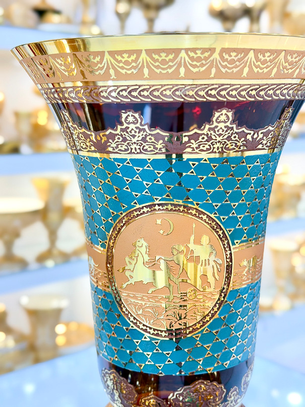 خرید گلدان کریستال طلاکوب دستساز رنگ فیروزه ای