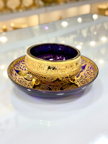 ست پیاله و پیش دستی کریستال طلاکوب رنگ بنفش