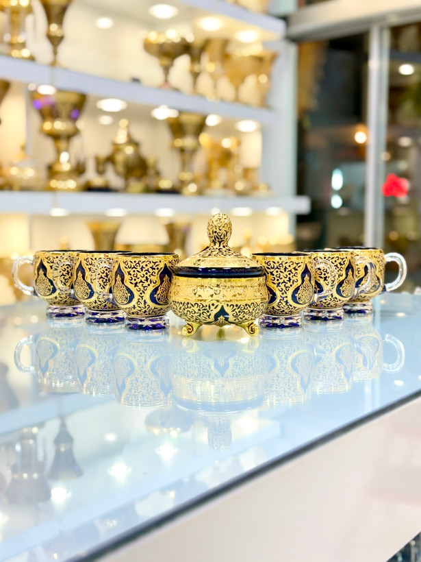 ست فنجان و قندان کریستال طلاکوب طرح کاستل رنگ بنفش