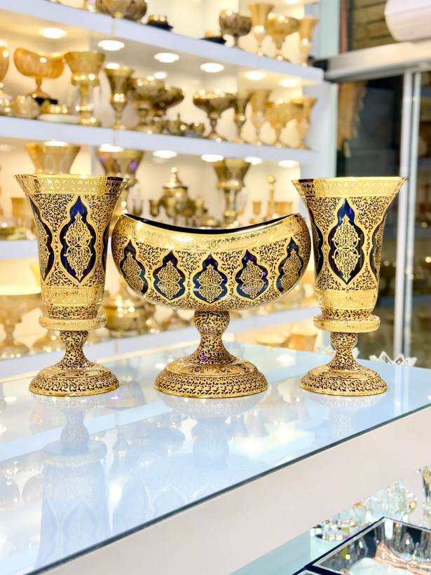 خرید ست گلدان و کشکول کریستال طلاکوب طرح کاستل رنگ بنفش