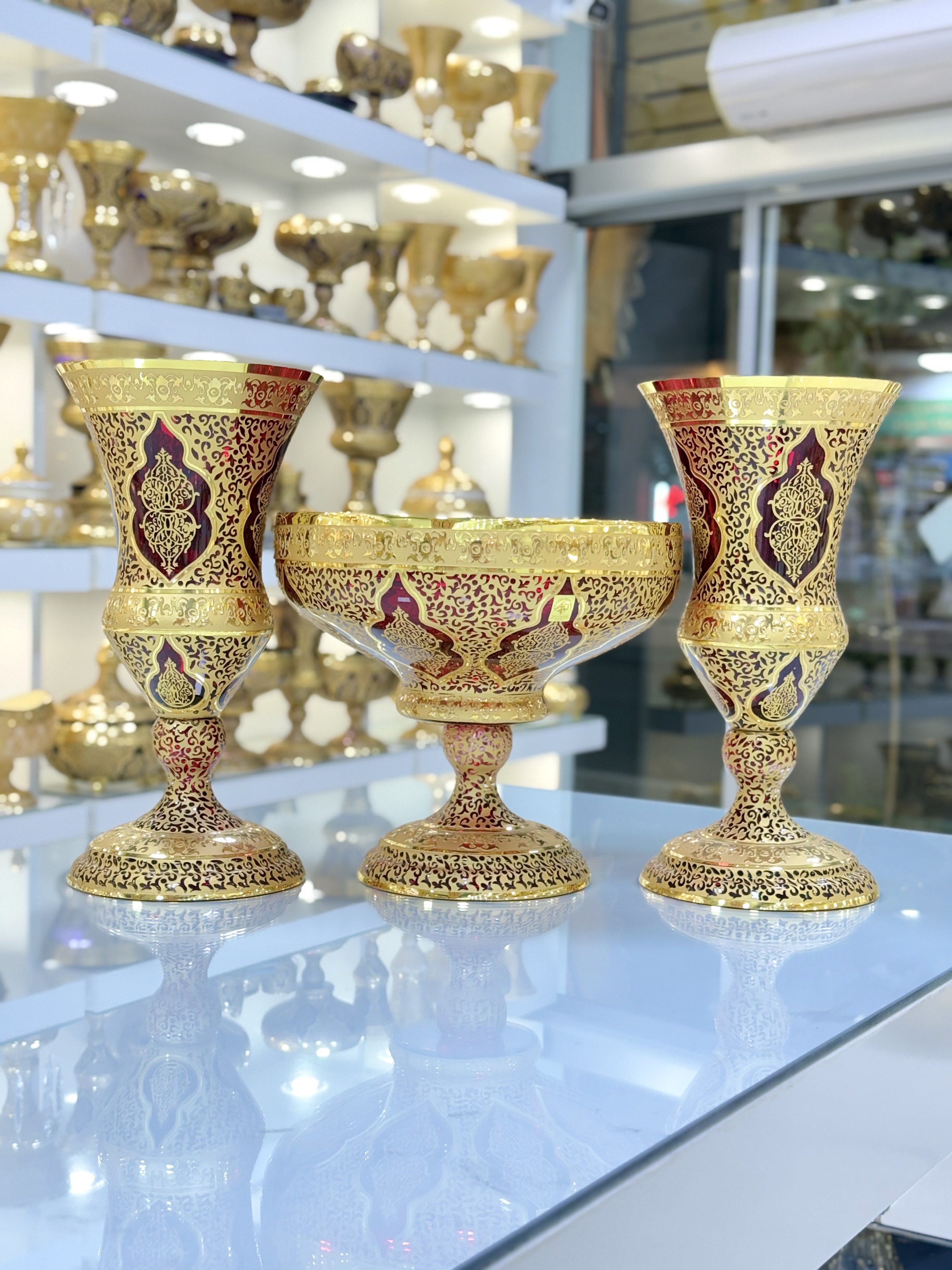 خرید ست سه تیکه گلدان و میوه خوری کریستال طلاکوب