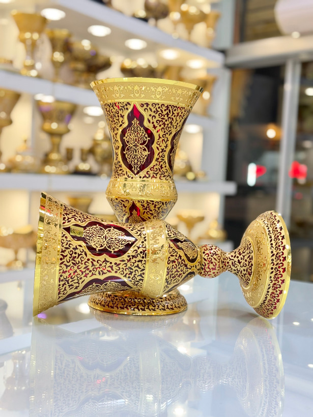 خرید گلدان کریستال طلاکوب طرح کاستل رنگ قرمز